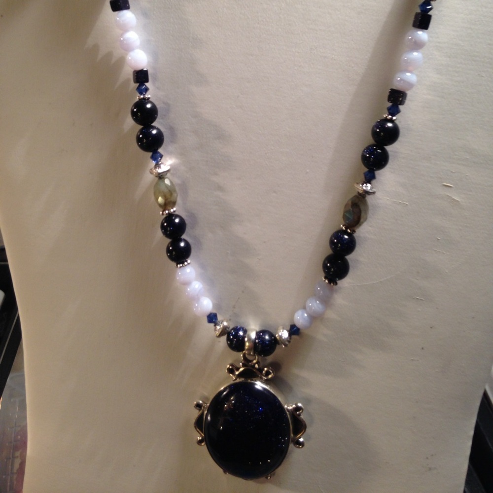 Blue Goldstone, Blue Lace Agate with SS beads & SS Blue Goldstone . Handmade